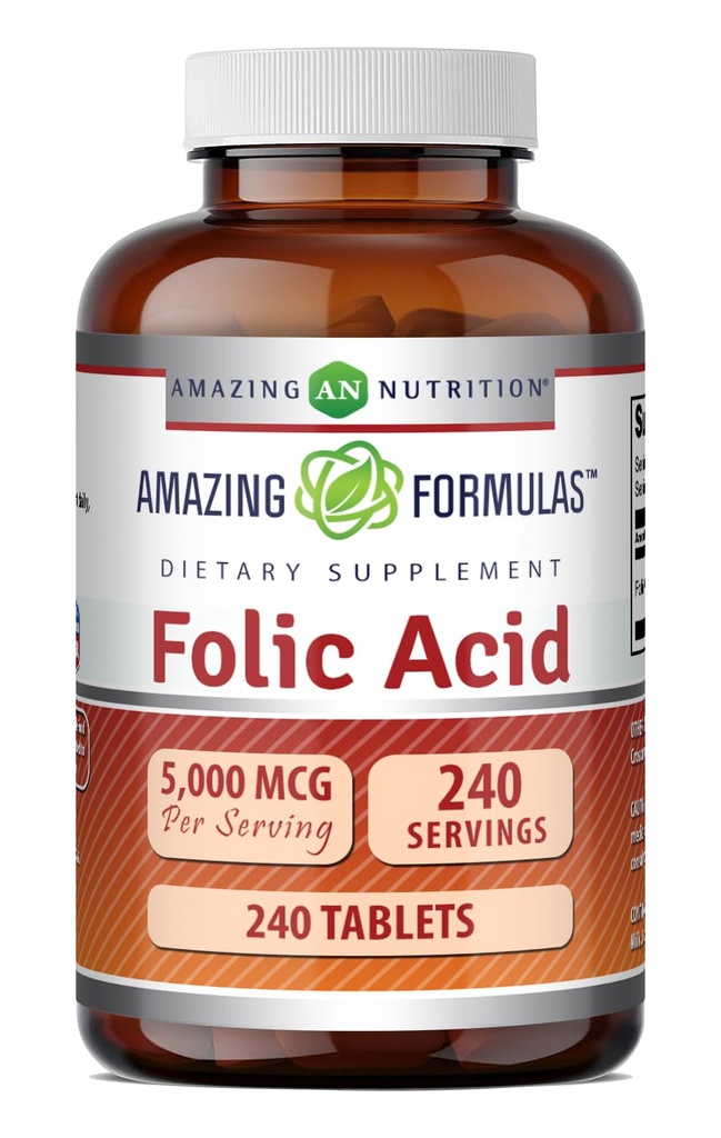 Amazing Formulas Folic Acid Supplement | 5000 Mcg | Tabletler | Non-GMO | Gluten Free | Made in USA (240 Count)