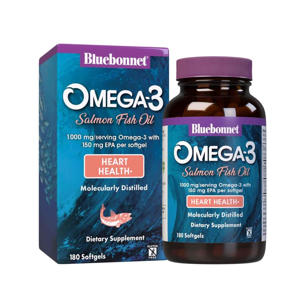 BlueBonnet Omega 3 1000mg Salmon Oil EPA DHA Essential Fatty Acids - Heart Health Supplement for Women & Men - Molecularly Distilled, Triglyceride Form Omega-3 Wild Salmon Fish Oil - 180 Softgels
