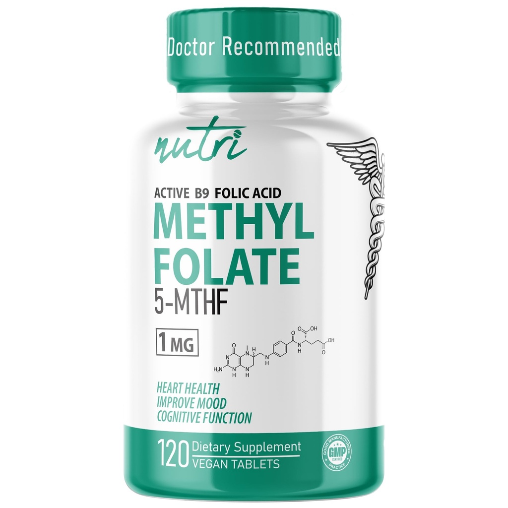 Nutri 5MTHF L Metilfolate 1MG - 4 Ay Supply, 120 Vegan Tablet - Medeniyet Tamam - Bilişsel Fonksiyonlar, Kalp Sağlığı, Prenatal Destek - 3rd Parti Test Edildi - NSF sertifikalı Tesis