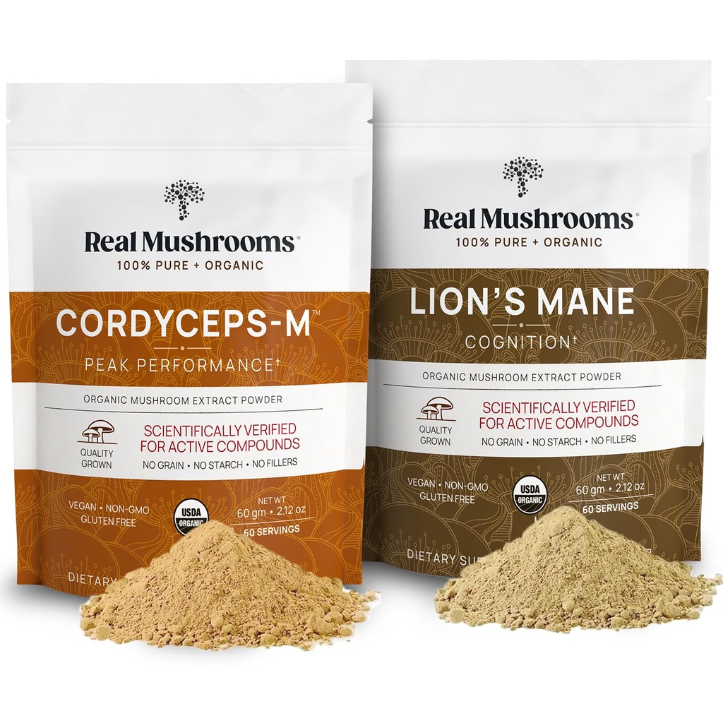 Lions Mane (60g) and Cordyceps (60g) Mushroom Extract Powder Bundle - Mushroom Supplement for Cognition, Energy and Endurance