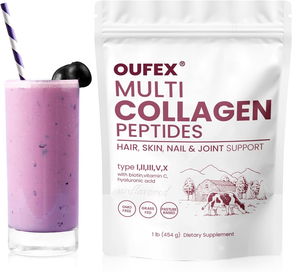 Multi Collagen Peptides Powder, Collagen Peptides for Women & Men, Collagen Powder with Hyaluronic Acid, Biotin, Types I, II, III, V, X, Promotes Hair, Nail, Skin, Bone and Joint Health (1 lb)