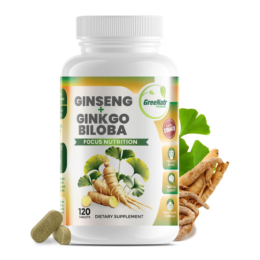 GreeNatr Ginko Biloba & Panax BTC Supplement - Red BTC Beyin Supplement for Memory and Focus - Ginkgo Biloba Supplements for Good Vision, Immune System and Improv Blood Flow - 120 Tabletler