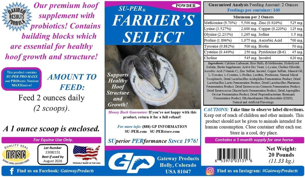 SU-PER Farrier's Select Hoof Supplement - At Premium Hoof Care Supplement with Probiyotiks - Sağlıklı Hoof Büyüme - 20 Pounds, 5 Ay Supply