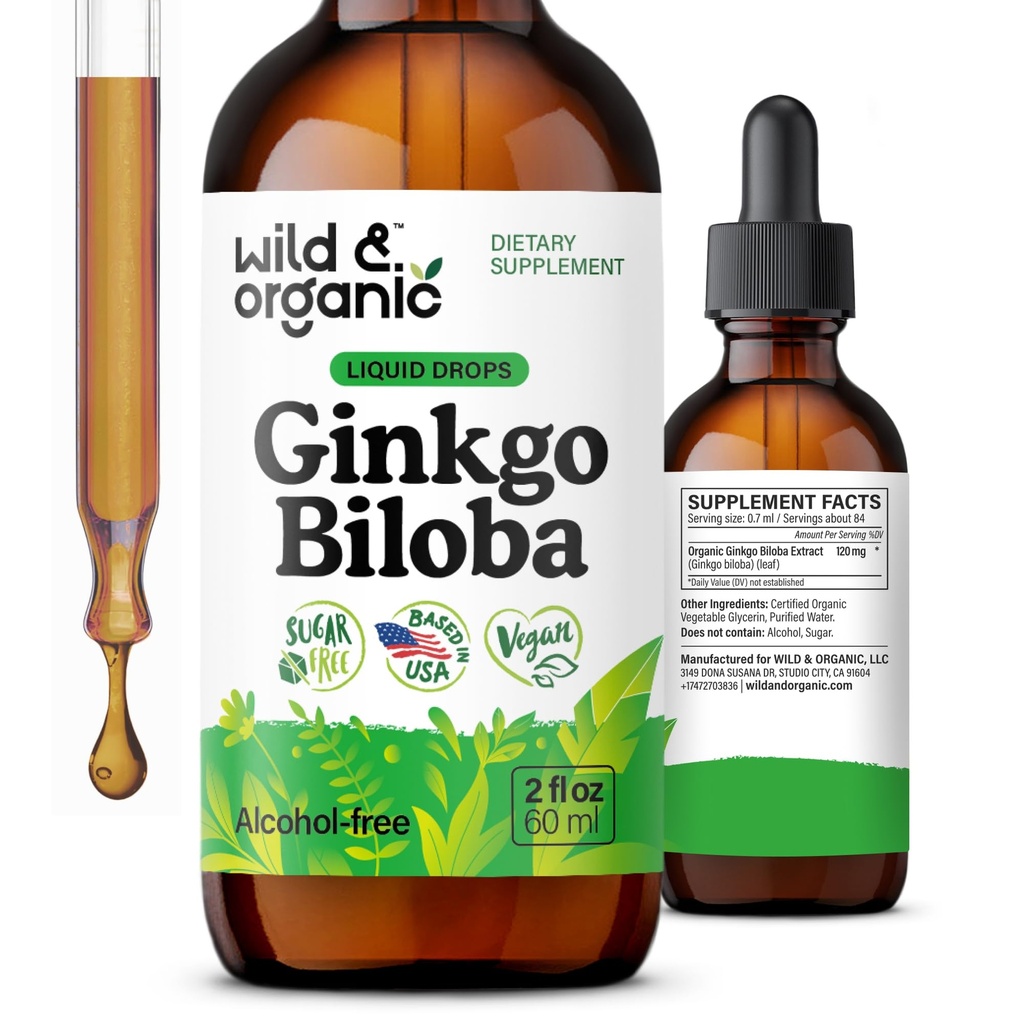 Vahşi & Organik Ginkgo Biloba Tincture - Ginkgo Leaf Supplement ile Beyin ve Oda Destek - Vegan, Sugar & Alkol-Free Herbal Extract Tincture - 2 fl ozz