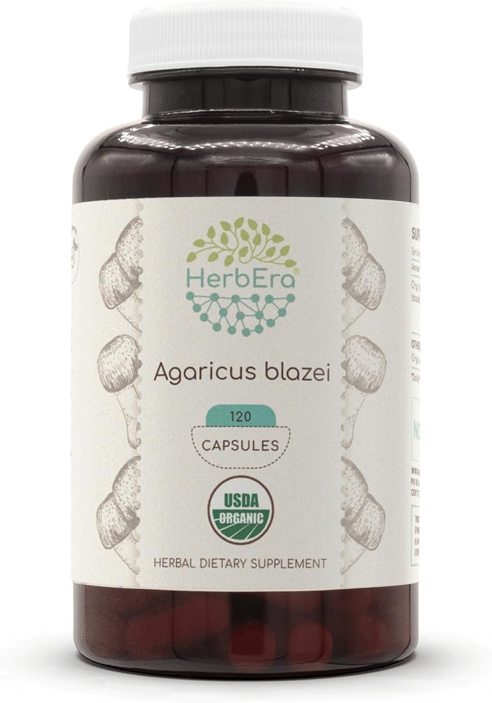 HerbEra Agaricus Blazei USDA Organik 120 Capsules | Natural Herbal Supplement | Sertifikalı Organik Vejetaryen Capsules ve Organik Agaricus Blazei (Agaricus blazei murill) kuru Mushroom (120 Capsules)