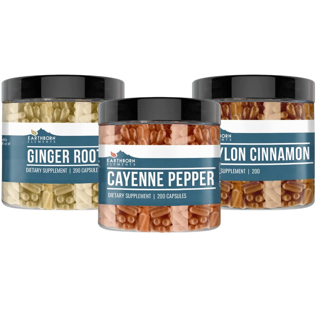 Earthborn Elements Cayenne Pepper, Ceylon Cinnamon & Ginger Root Sche (200 Capsules Her), Pure & Undiled, No Wordss
