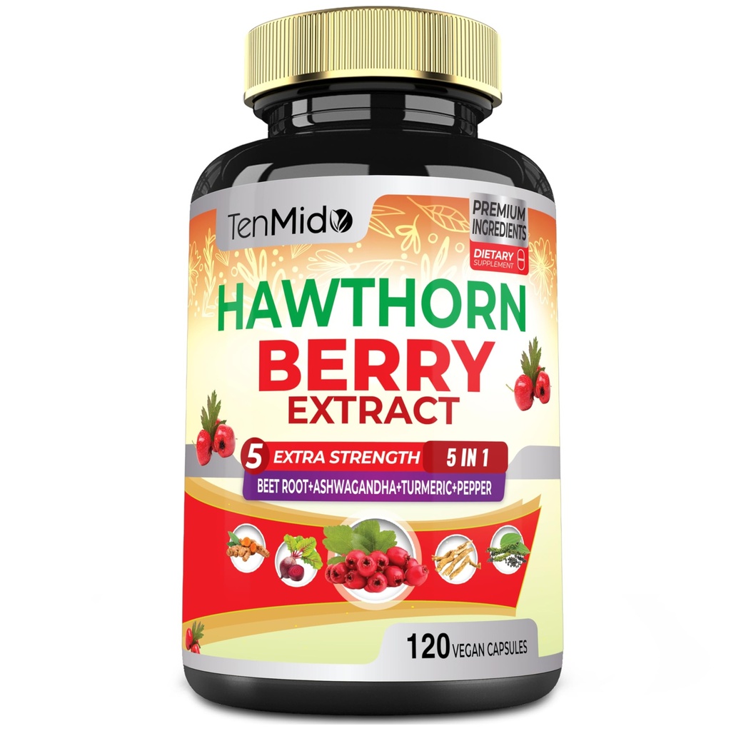 Hawthorn Berry Supplement Extract Capsules - 4 Ay için 120 Vegan Capsules - Kombine, Ashwagandha, Turmeric Curcumin & Black Pepper Pepper
