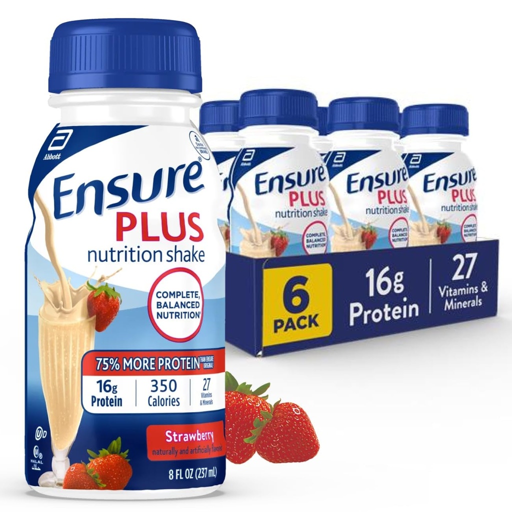 Plus Strawberry Beslenme Shake | Meal Change Shake | içmeye Hazır | 16g protein ve 27 Vitamin ve Mineraller | 8 fl oz - 6 Pack