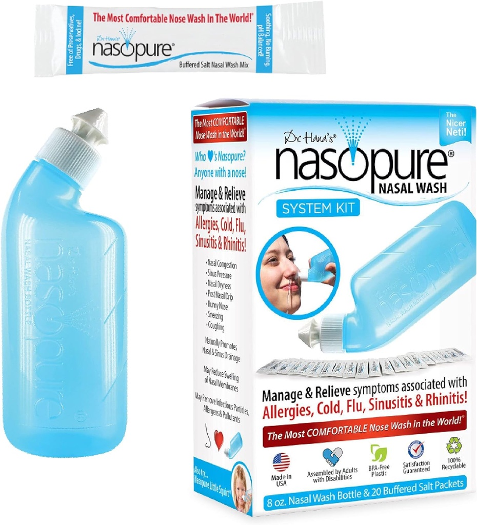 Nasopure Nasal Yıkama, Sistem Kit, “The Nicer Neti Pot” Sinus Çamaşır Kit, Comfortable Nasal Rinse 8 Oz Şişe & 20 Salt Packets (3.75 Grams Her), Nasal Congestion, Cold, Flu, Alerji, Nasal Irrigation