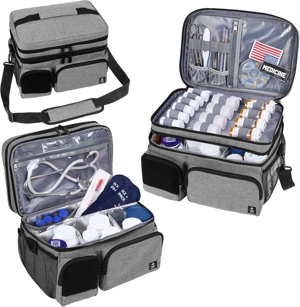 Çift Katmanlar Tıp Bag, Lockable Rollss ile Boşaltma Pill Şişe Organizer'ı izole ettiğimle birlikte, Gezi Hekimliği Pill Şişeleri için Yumuşak Omuzlar ile Organize Edici
