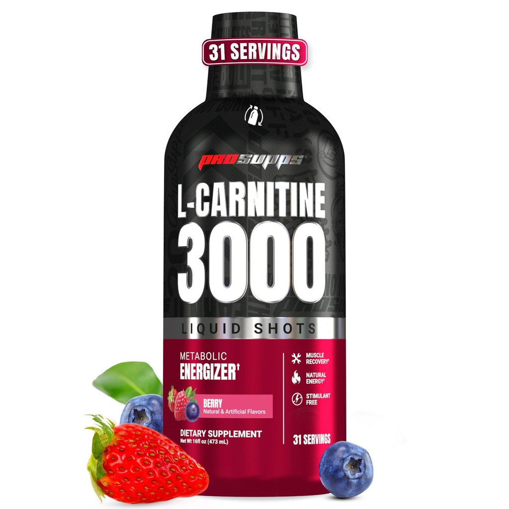 ProSupps L-Carnitine Liquid 3000, Erkekler ve Kadınlar için Stimulant-Free Liquid Shots - Energy, Performance & Muscle Recovery - No Sugar, No Carbs - 31 Hizmet, Berry
