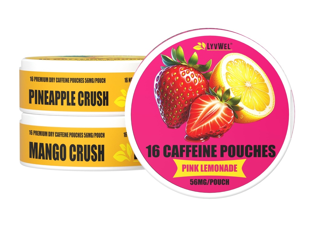 LyvWel 56 mg Caffeine Energy Pouches – Pink Lemonade, Pineapple Crush, Mango Crush – Meyveli Temiz Enerji ve Odaklı Guarana ile Güçlendirme - 3Pack Örnekr (48 Toplam Pouches)