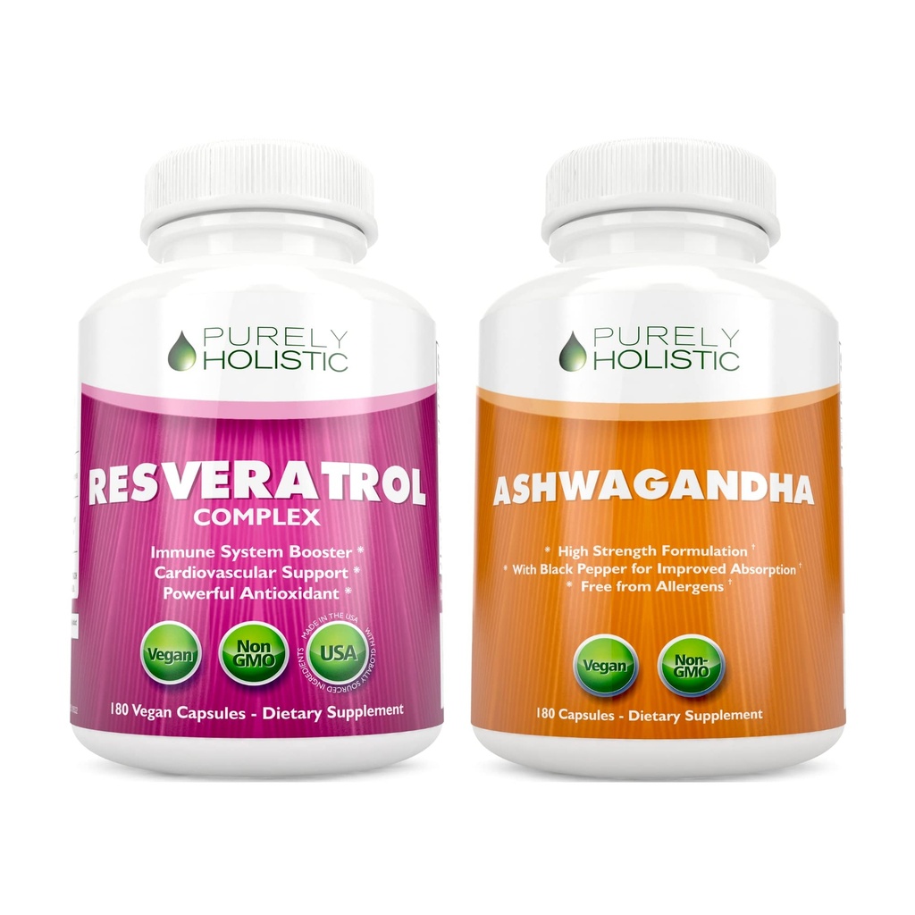 Safly Holistic Resveratrol 1450 mg + Organik Ashwagandha 1300 mg & Black Pepper - Vegan Sche - 180 + 180 Capsules - Potent Antioksis ile Paketlendi - ABD'de Made in USA