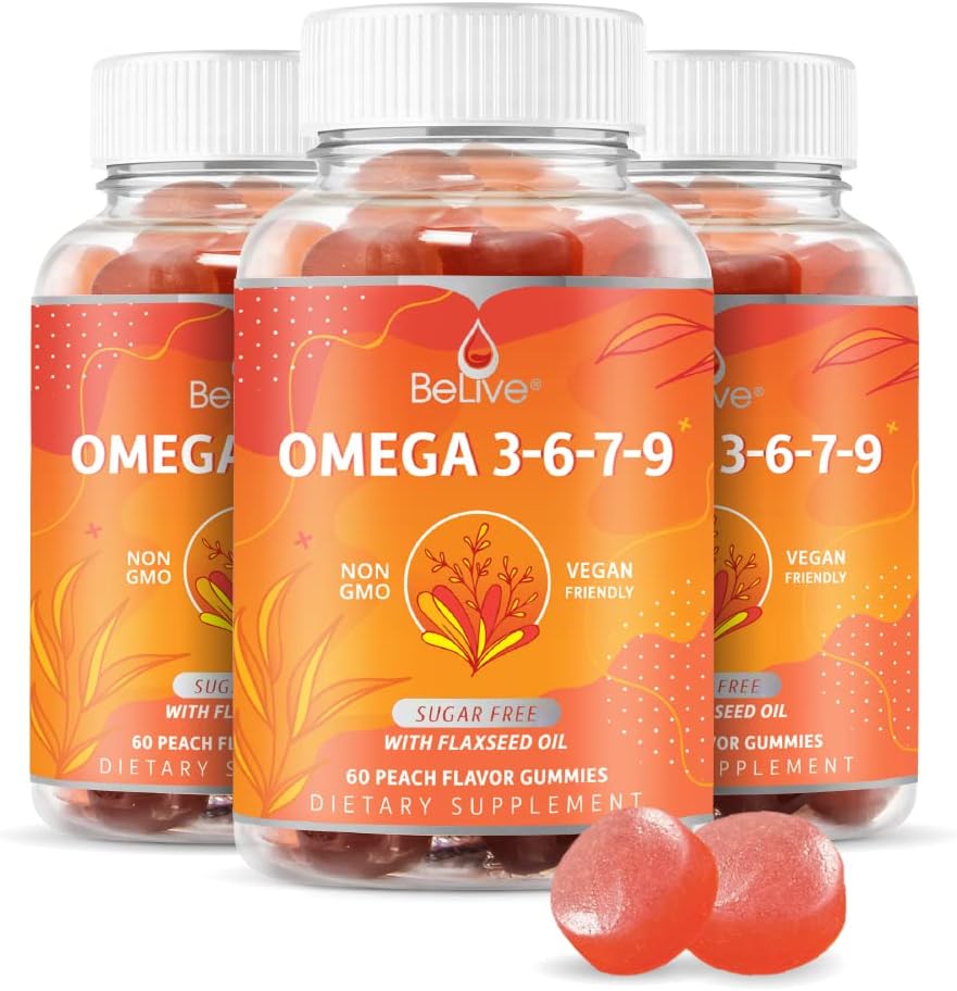 Canlı Organik Omega 3 Gummies - Omega 3 6 9 7 DHA & EPA Flaxseed Oil & Sea Buckthorn Fruit Oil, Vegan, Çocuklar ve Yetişkinler için, Full Body, Brain & Eye Support, Sugar Free - Peach | 3Pack