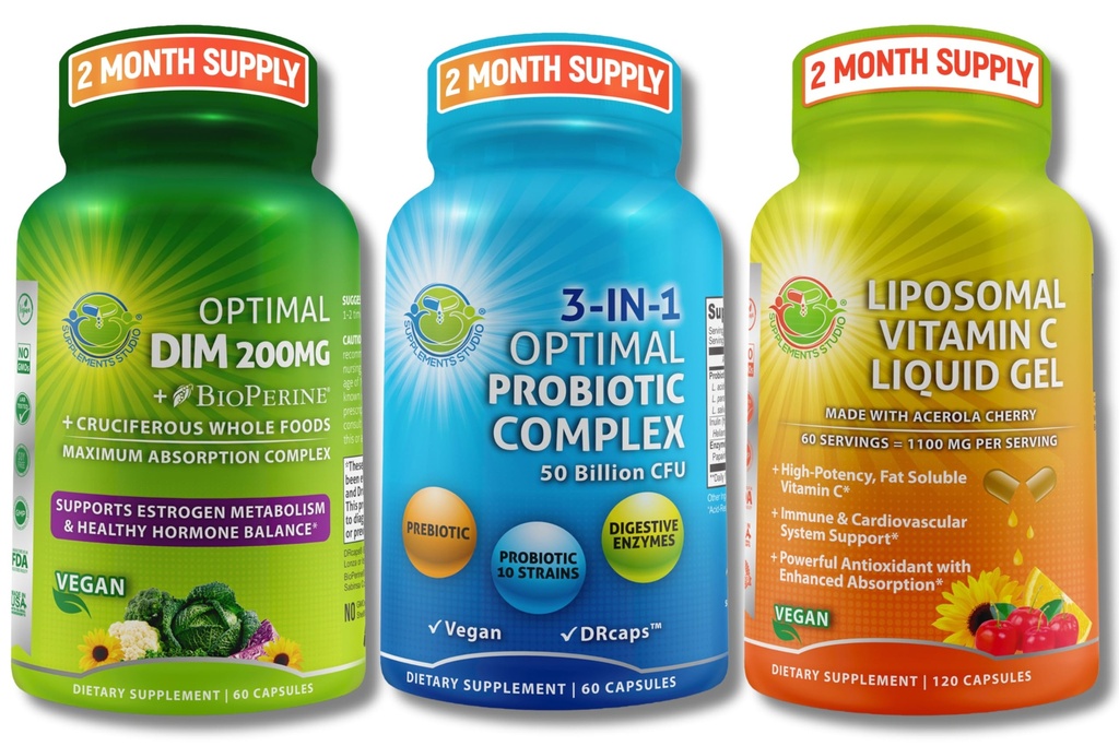 Hormonal, Digestive & Immune Support Sche - DIM 200 mg with BioPerine® & Cruciferous Whole Foods + Vegan 3in-1 Probiyotik 50 Milyar CFU + Liposomal Vitamin C 1100 mg with Acerola Cherry - No Fillers
