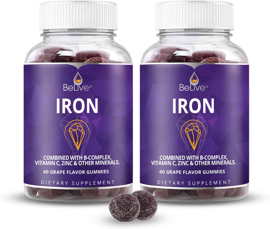 Canlı Demir Gummies - Vitamin C, A, B & çinko ile Multivitamin Demir Supplement, Kan Oksijeni, Kadınlar için Vegan Supplements, Men & Kids for Growth and Development - Grape Flavor | 2Pack
