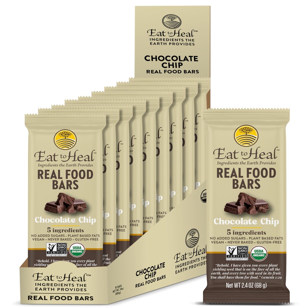 YemeToHeal Chocolate Chip Real Food Bar - Organik Vegan Sağlıklı Gluten Ücretsiz Protein Barlar - Low Sugar Meal Change Bar, Non GMO, Never Baked, Plant Based - Crafted to Enjoy, Not Sit on Shelves