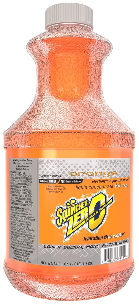 Sqwincher Zero Liquid Temp| Orange Flavored | Sugar Free | Low Calorie | Low sodyum | Electrolyte Replenishment Hydration Drink Mix | Makes 5 Gallons of Beverage | 64 oz (Pack of 6)