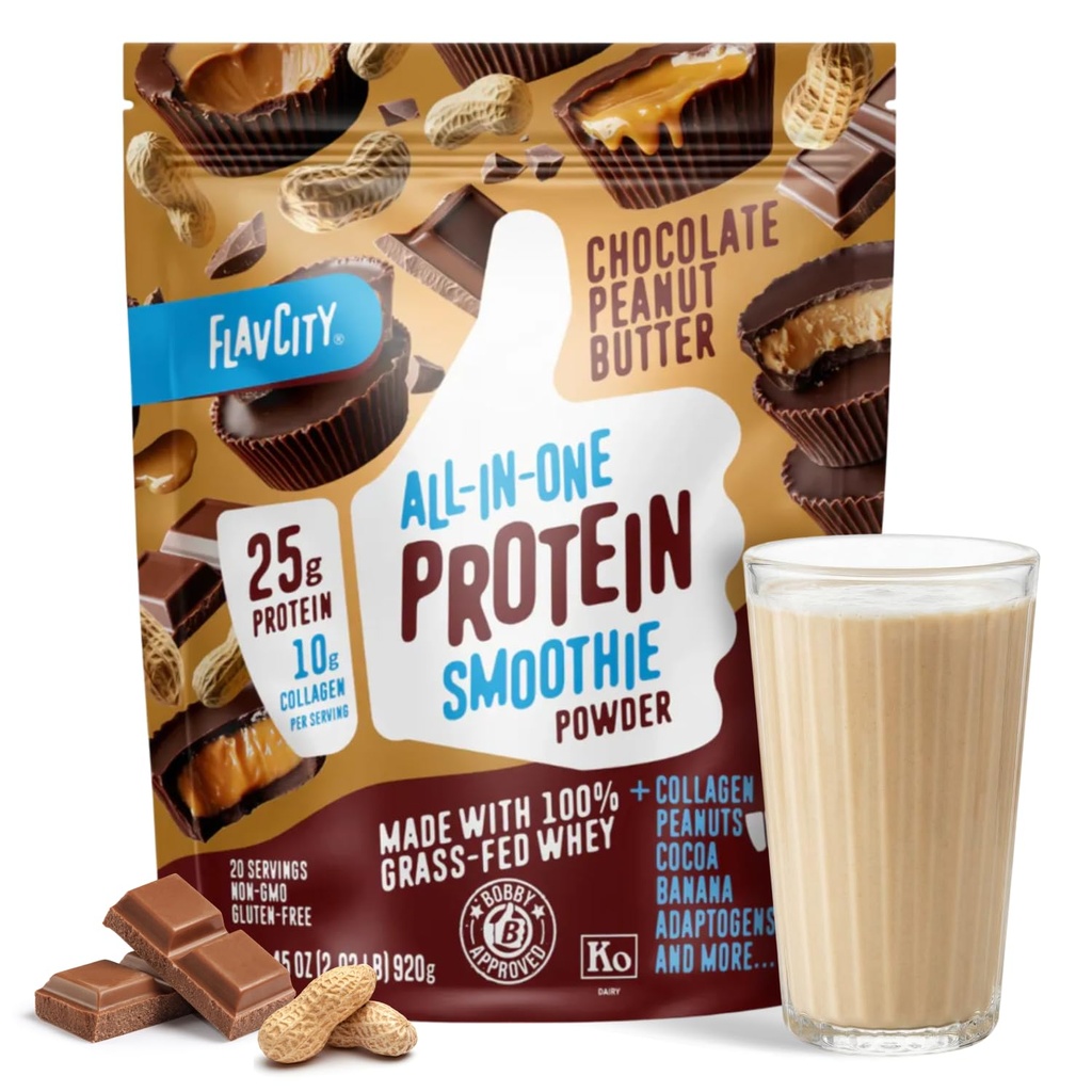 FlavCity Grass Fed Whey Çikolata Protein Tozu - Chocolate Peanut Butter - 25g protein & 10g Collagen - Organik Cocoa & Coconut Süt - Gluten Free & No eklenmiş Şeker (20 hizmet)