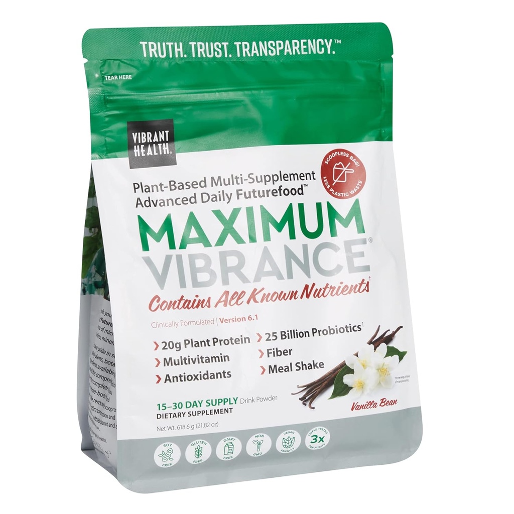 Vibrant Health, maksimum Vibrance, Plant-Based Superfood Supplement with a Multivitamin, protein ve 25 Milyar Probiyotiks, Vanilla, 15 Hizmet Pouch