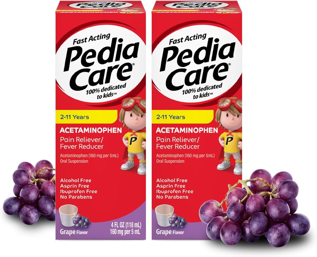 Fast Acting Children's Pain Reliever/Kids Fever Reducer with Acetaminophen Oral Suspension, Ages 2-11, Zero Alcohol or Aspirin or Ibuprofen, Grape Flavor, 4 fl oz (2 Pack)