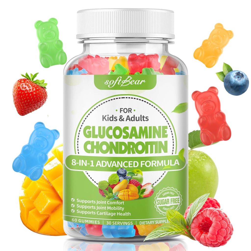 Yetişkinler için yumuşak taşıyıcı Glucosamine Chondroitin Gummies, Sugar Free Chondroitin & Glucosamine Nutritional Supplements for Ortak Destek, Karma Meyve Flavor, 60 Count