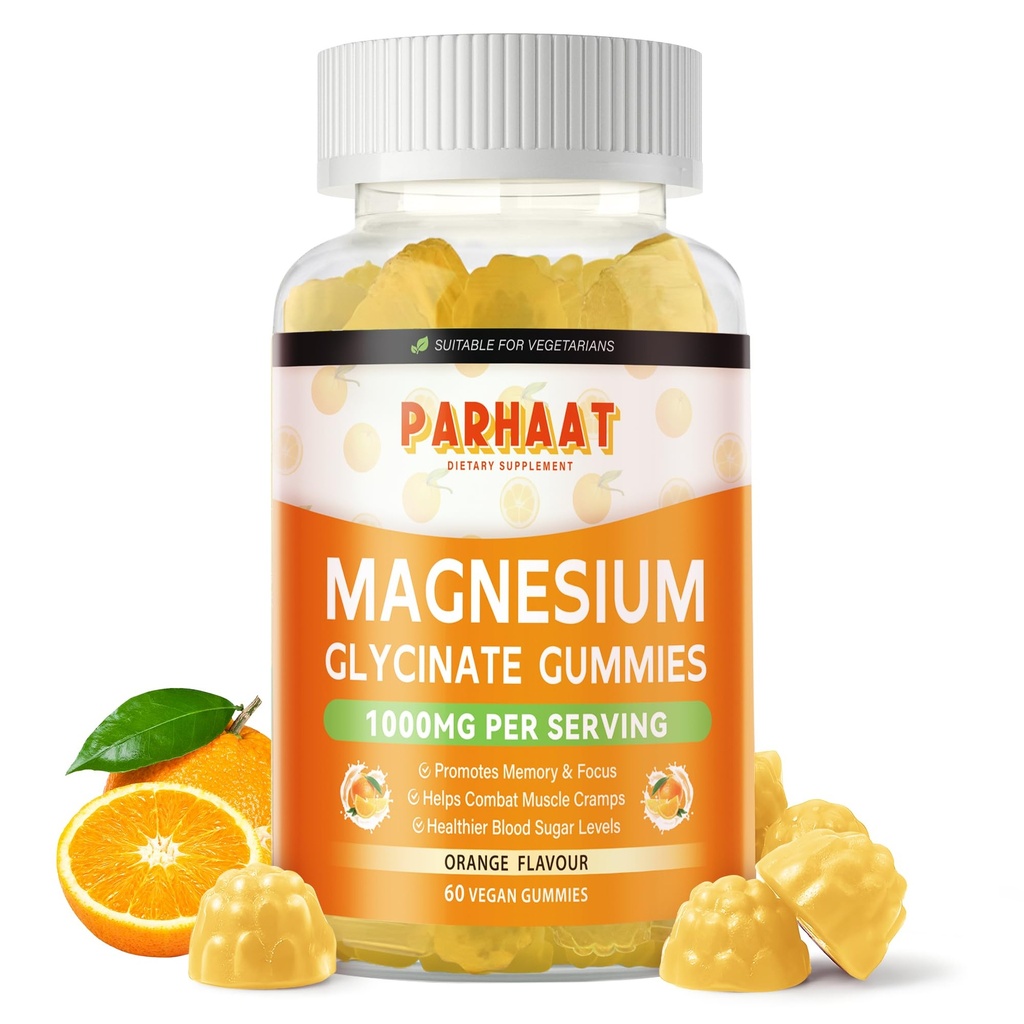 Magnezyum Glycinate Gummies 1000 mg - Sugar Free Magnezyum Pids Supplement with Vitamin D, B6, CoQ10 For Calm Mood & Sleep Support - 60 Orange Gummies