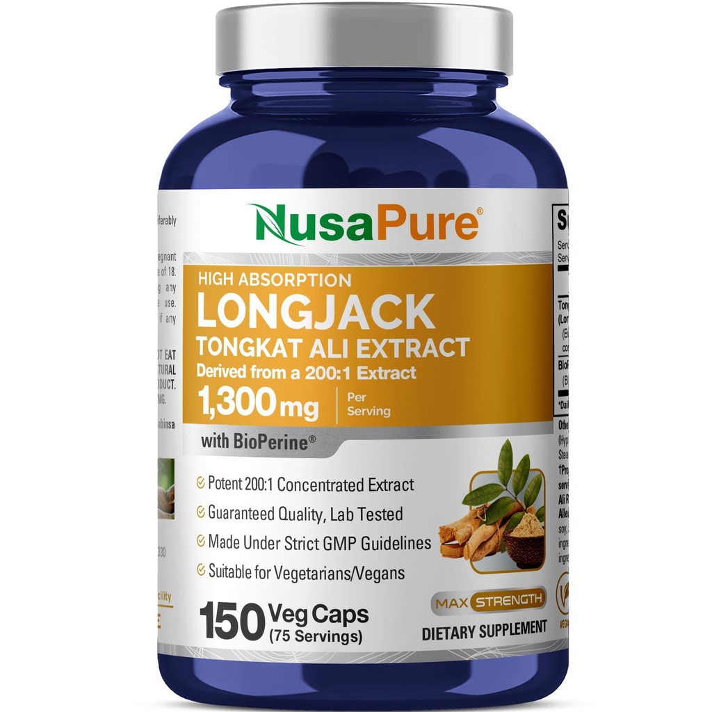 NusaPure Longjack Tongkat Ali 260,000 mg 150 Veggie Caps (Non-GMO, Gluten Free) Bioperine
