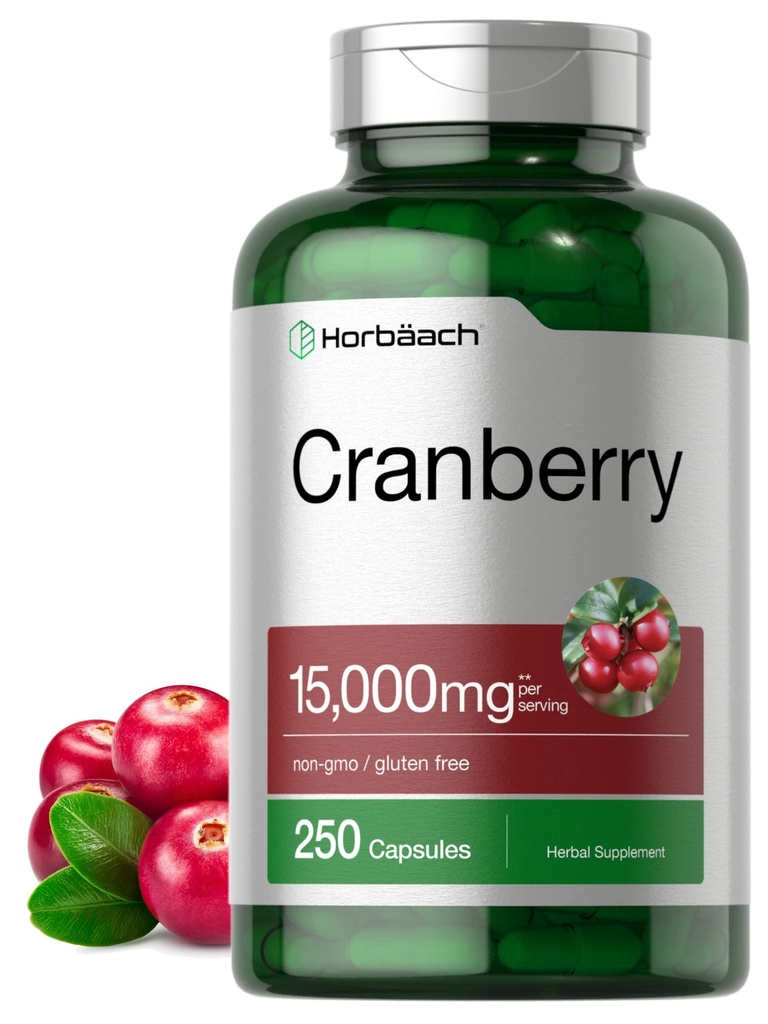 Horbäach Cranberry Pills + Vitamin C | 15,000 mg | 250 Capsules | Non-GMO ve Gluten Free Supplement from Temp Ekstraksiyon