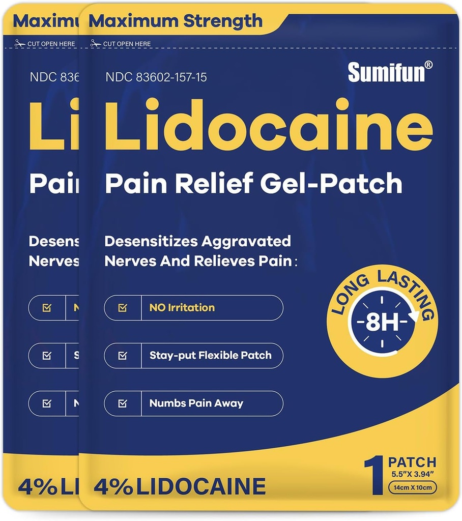 Sumifun % 4 Lidokay Patches maksimum Güçlü - 24 Kont Ağrı Kas Soreness için Gel Patch, Arka Ache, Diz, Boy & Ortak Ağrılar - Topical Analgesic(NDC: 83602-157-15, 83602-157-01)