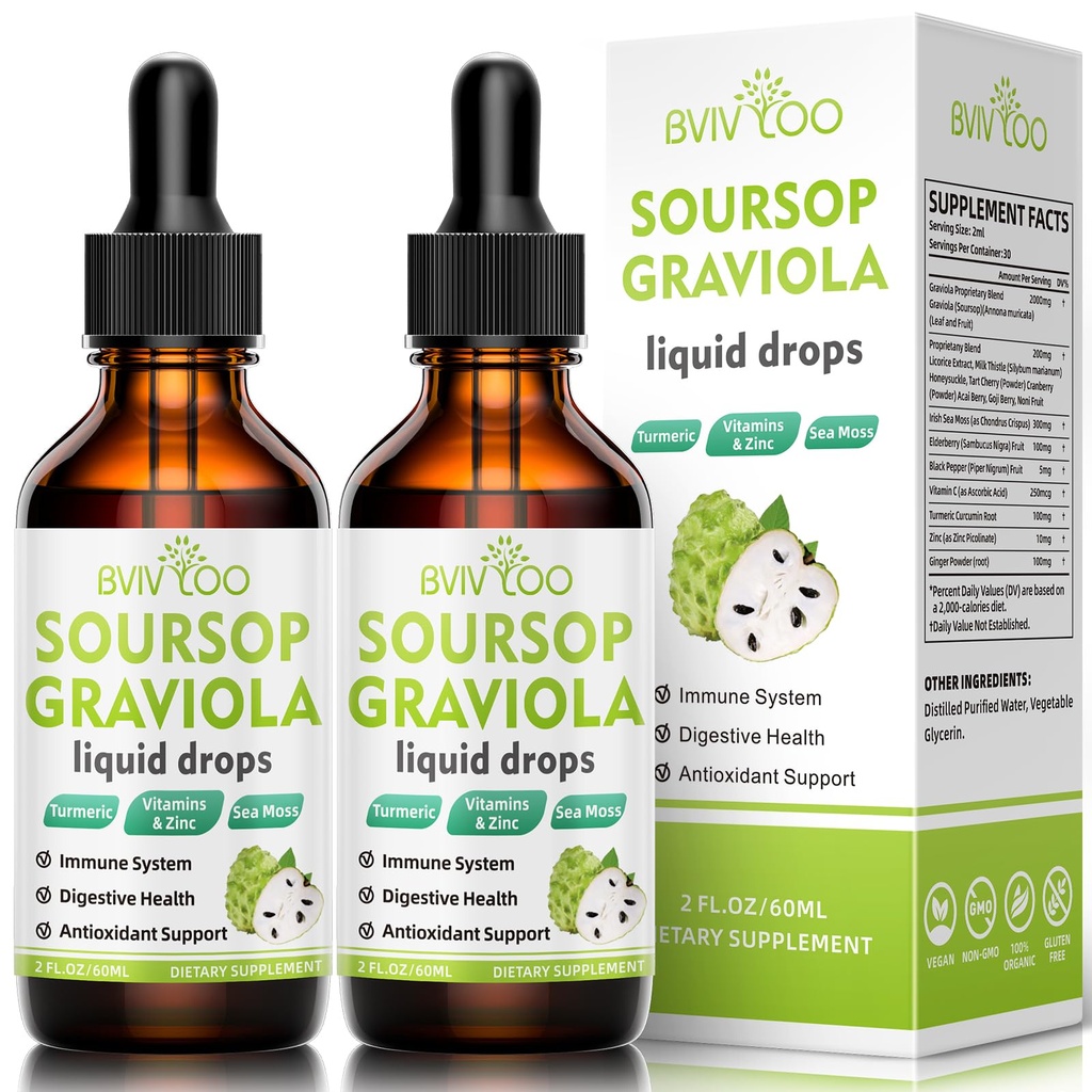2 Pack Soursop Graviola Liquid Drops - 2000 mg Pure Soursop Ekstraksiyon 300 mg Sea Moss & 100 mg Elderberry - Güçlü Hücre Desteği, Antioksi-Rich, Immune-Boosting - 4 Fl Oz (120 ml) Şişe