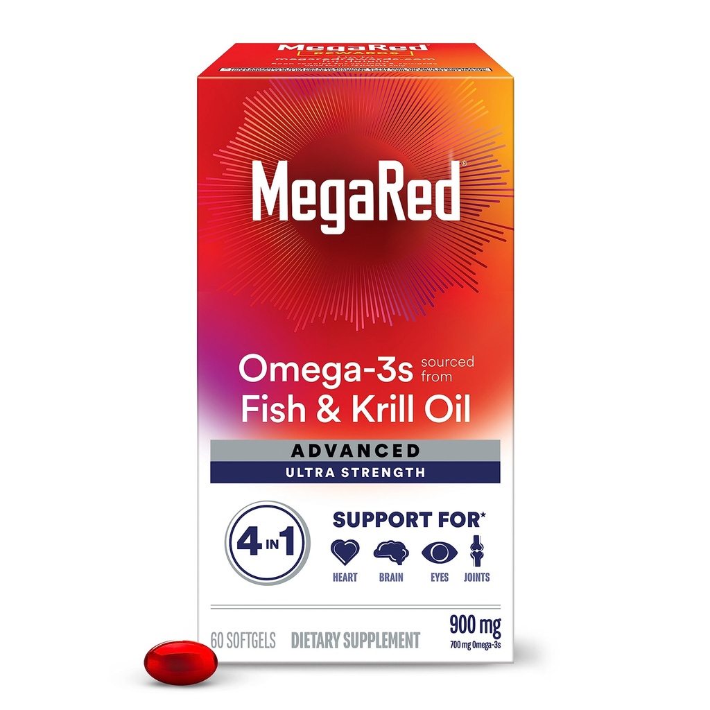 Megared Omega-3 Fish & Krill Oil Supplement 900mg - Mega Red Advanced 4in1, 60 yumuşakgels, 2x More Omega-3, Heart, Joint, Brain and Eye Supplement, Red, 60 Count