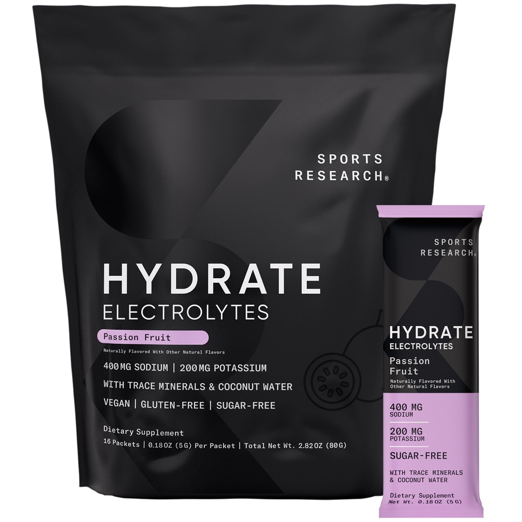 Sports Research® Hydrate Electrolytes Toz Paketleri - Sugar-Free & Natural Flavored with Vitamins, Minerals, and Coconut Water - Supports Hydration - 16 Packets - Passion Fruit