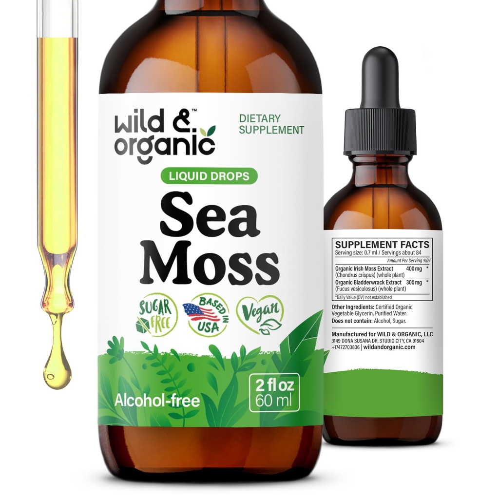 Wild & Organic Sea Moss Liquid Drops - Immune Support - İrlandalı Deniz Moss ve Bladderwrack Tincture - Multimineral Chondrus Crispus Tamam - Vegan, Sugar & Alkol Free - 2 fl ozzz