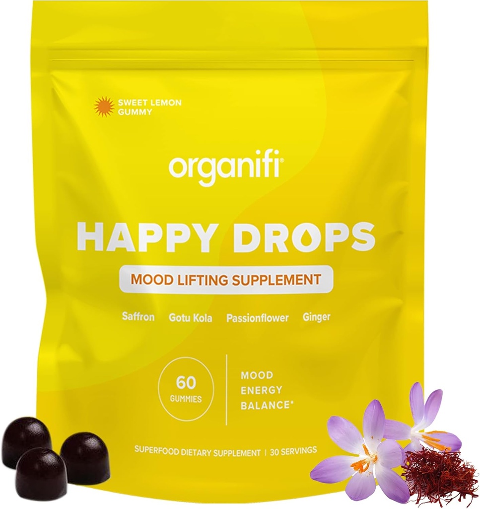 Organifi Happy Drops - Daily Superfood Happy Gummies for Adults - Mood Support Supplement for Balance, Bliss, Energy and Taking The Edge Off - Sweet Lemon Flavor - 60 Gummies