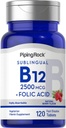 Piping Rock Vitamin B12 Sublingual | 2500 mcg | 120 Tablets | with Folic Acid | Supplement for Women and Men | Berry Flavor | Vegetarian, Non-GMO, Gluten Free