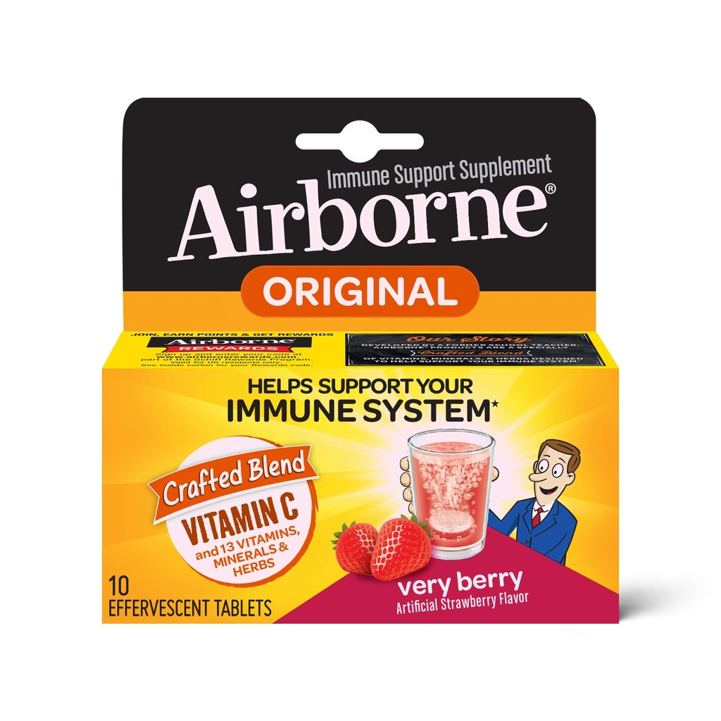 Airborne Very Berry Effervescent Tabletler, 10 Kont - Vitamin C 1000 mg - Immune Support Supplement (Pazar Mayıs Vary) (Pazar 3)