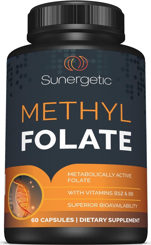 Sunergetic Premium Metil Foate Supplement – Metilated Vitamin B12 ve Vitamin B6 – Metabolically Active Folate as Magnafolate - Mefote 400 mcg per Capsule – 60 Capsules