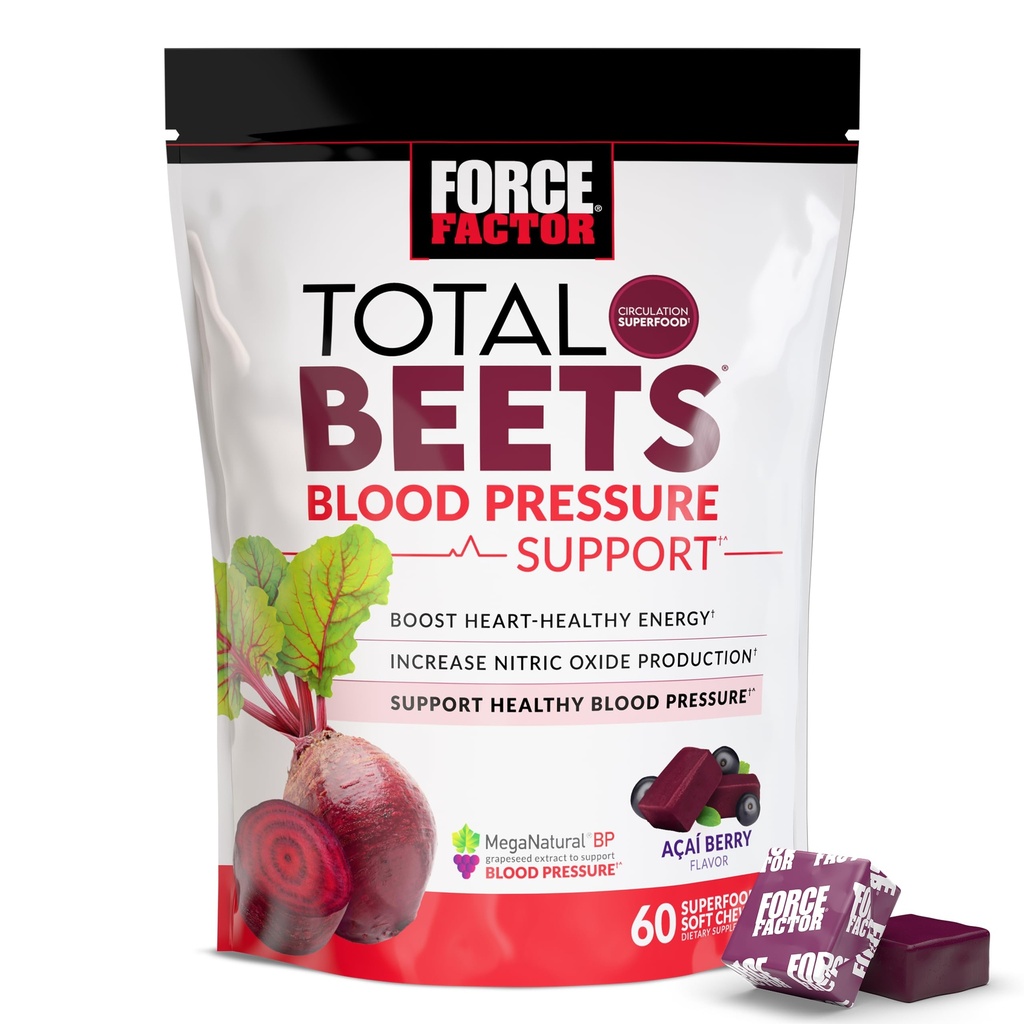 Kuvvet Faktörü Total Beets Blood Printing Support Supplements with Beet Toz, Great-Tasting Beets Chewables for Heart-Healthy Energy, ve 60 Chews Nitrik Membran, 60 Chews