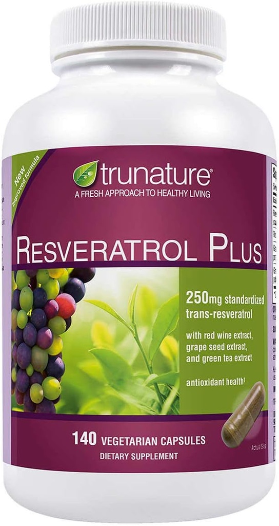 Tru Nature Resveratrol Plus, 250 Milligram Standartlaştırılmış Trans-Resveratrol 140 Vegetarian Capsules