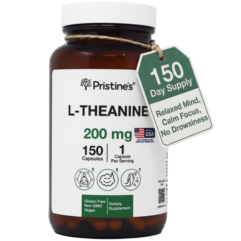 PRISTINE'S L Theanine 200 mg Supplement Capsules - 3. Parti GMO -150 Gün Supply - Rahatlama ve Uyku Kalite Desteği Capsules - Vegan, cGMP Tesis & Gluten Ücretsiz Cam Şişeleri -