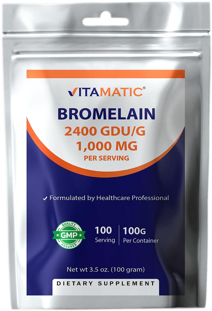 Vitamatic Bromelain Toz 1000 mg hizmet başına - 2400 GDU/g, Proteolytic Enzymes, Proteinlerin Digestion of Proteins, 100 Grams - 100 Hizmet (Scoop dahil)