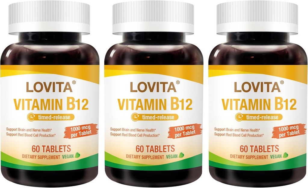 Lovita Vitamin B12 1000 mcg (B12 Vitaminleri Cyanocobalamin) Zamanlı Yayın B12, Vegan-Friendly, Supports Nervous System, 60 Vegetarian Tabletler (2 Ay Supply) (Pazar 3)