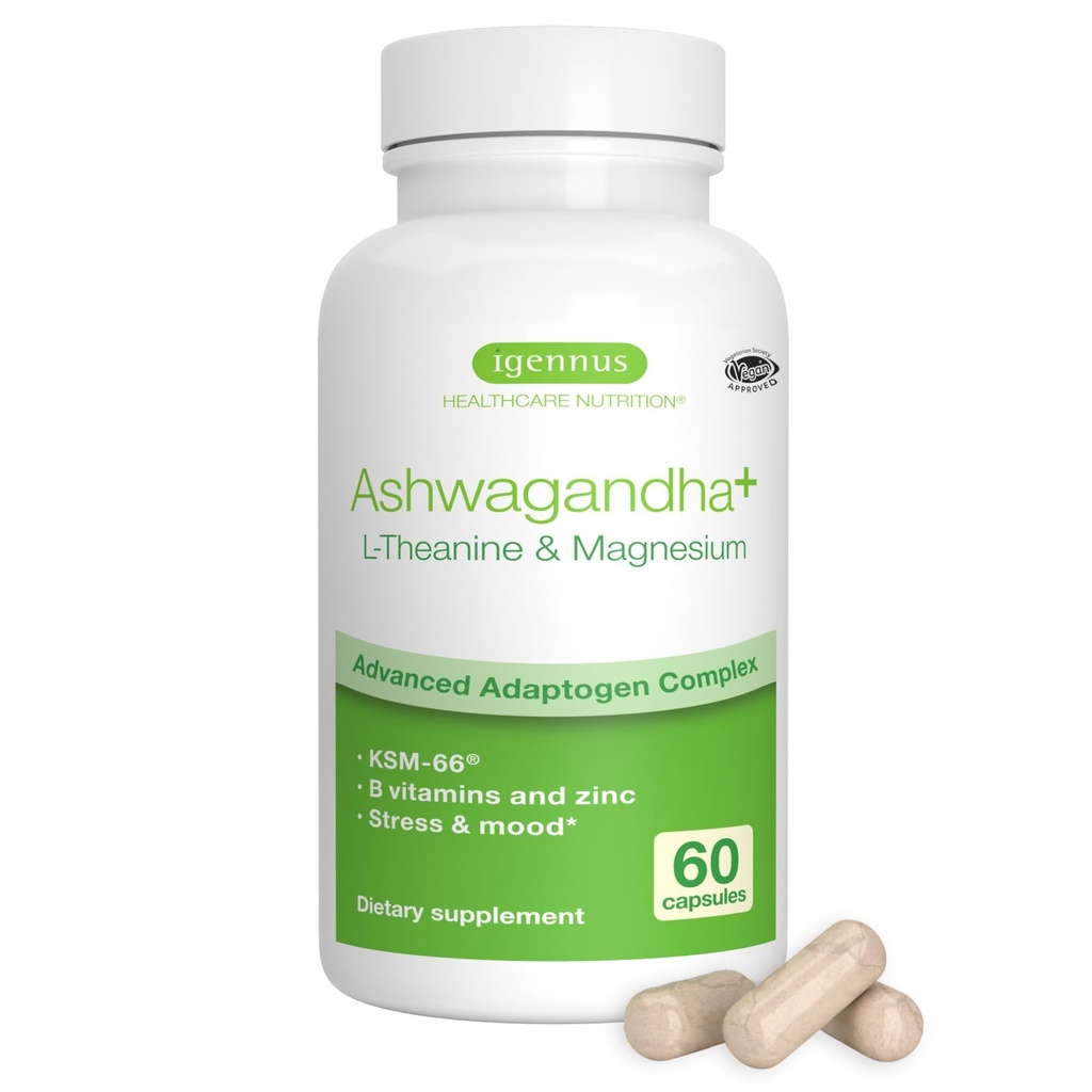 Igennus High Strength Ashwagandha Stress Relief Complex, L-Theanine & Magnezyum & KSM-66 Kök Adaptogens, Metilated B Vitamins, Calm & Sleep Support, Clean Label, 60 Hızlı Kodlama Capsules