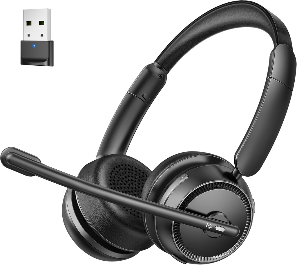 Bluetooth Headset with AI Noise Canceling Microphone, Stereo HiFi Bluetooth Headphones, Wireless Headset with USB Dongle for Computer Office Call Center Skype Zoom Meeting Trucker