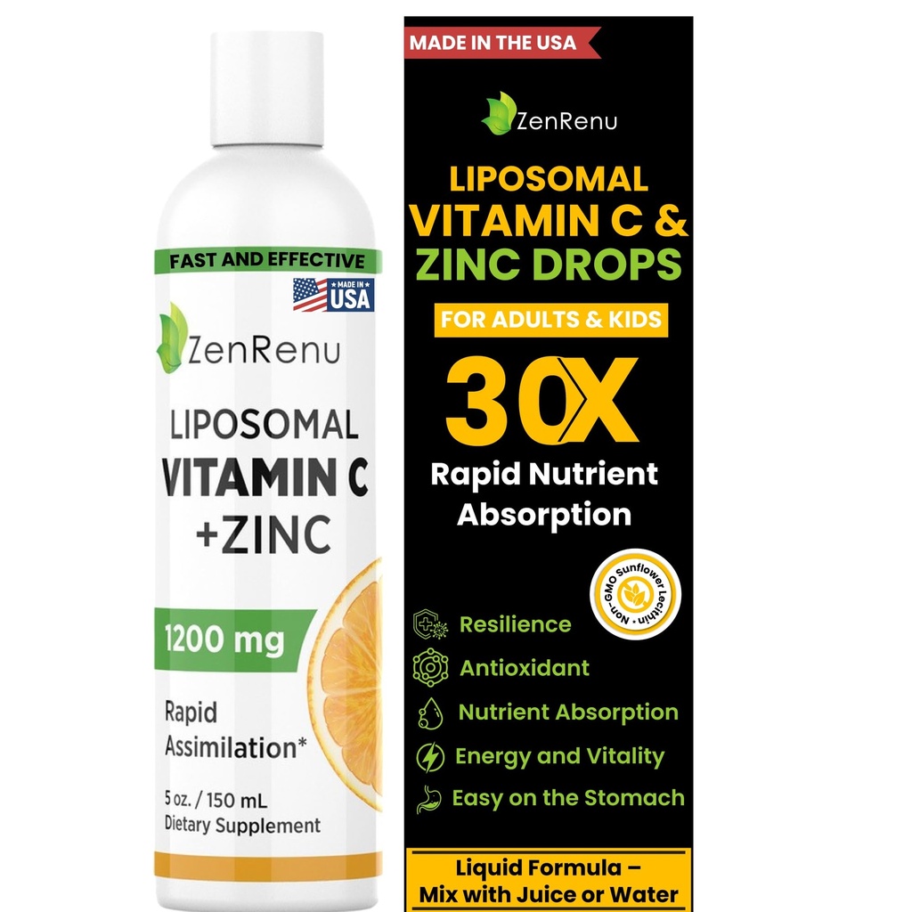Zenrenu Liposomal Vitamin C ve çinko Sıvı Yetişkinler & Çocuklar için - GMO Sunflower Lecithin - Max Antioksi & Immune Support, 5 oz / 150 ml