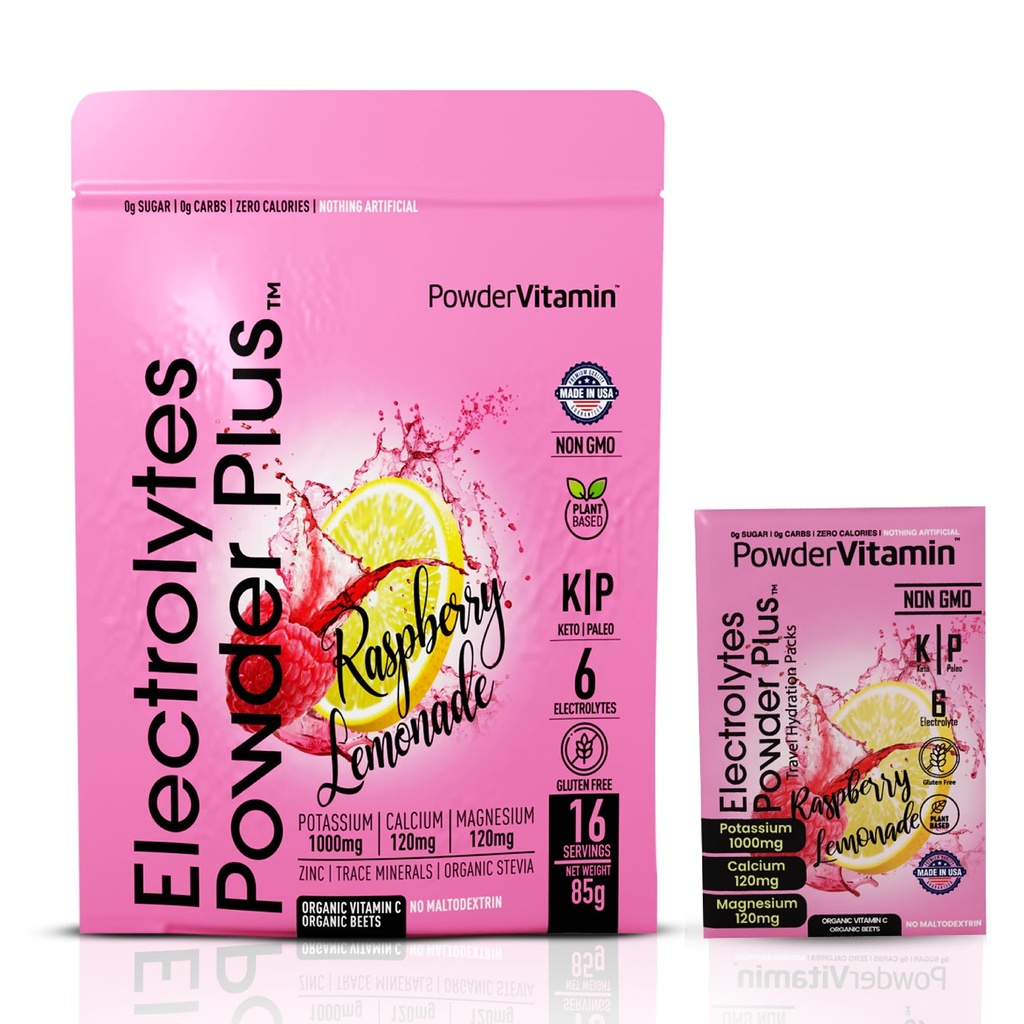 TozVitamin Electrolytes Toz Plus, Keto, Raspberry Lemonade, Sugar Free, Pink Himalaya Tuz, 1000 mg Pyum, 120 mguba, 120 mg Magnezyum, Non-GMO, Zero Calories, (16 Hydration Packets)