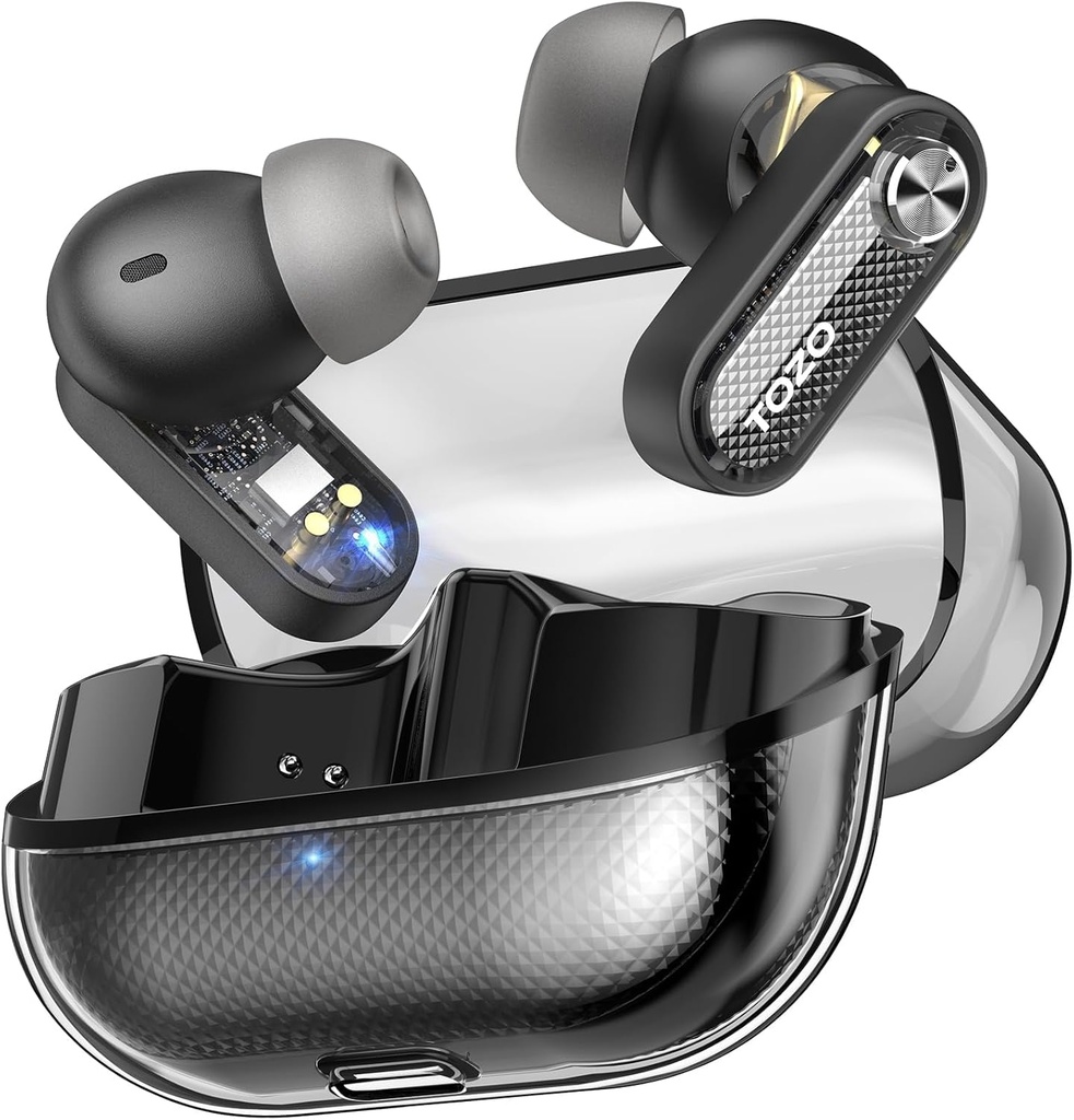 TOZO Crystal Pods Hybrid Active Gürültü Kablosuz Earbuds, 10mm Sürücüler Deep Bass Stereo Sound, 4 Mics Smart ENC AI Calls, 32 EQ via App, Bluetooth 5.4 Kulaklıklar, Kristal Case Design