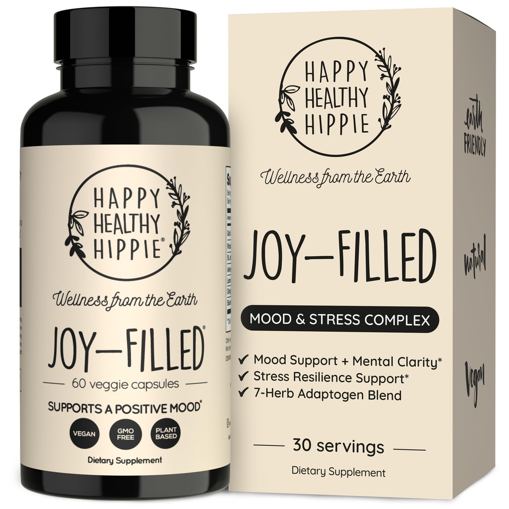 Joy-Filled Mood Support Supplement - 7 Herb Kompleksi w/St. Johns Wort | Stres Yardımı – Calm The Mind & Body | 100% Plant-Based Happy Pills, Ashwagandha, Rhodiola Rosea | Adaptogens, 60 Ct