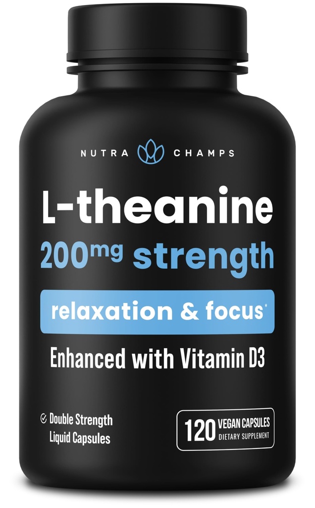 NutraChamps L-Theanine 200 mg Capsules | Double-Strength L-Theanine Liquid with Vitamin D3, Organic Coconut Oil | Supports Mood, Focus, Stress Relief | for Kids & Yetişkinler | 120 Vegan Capsules